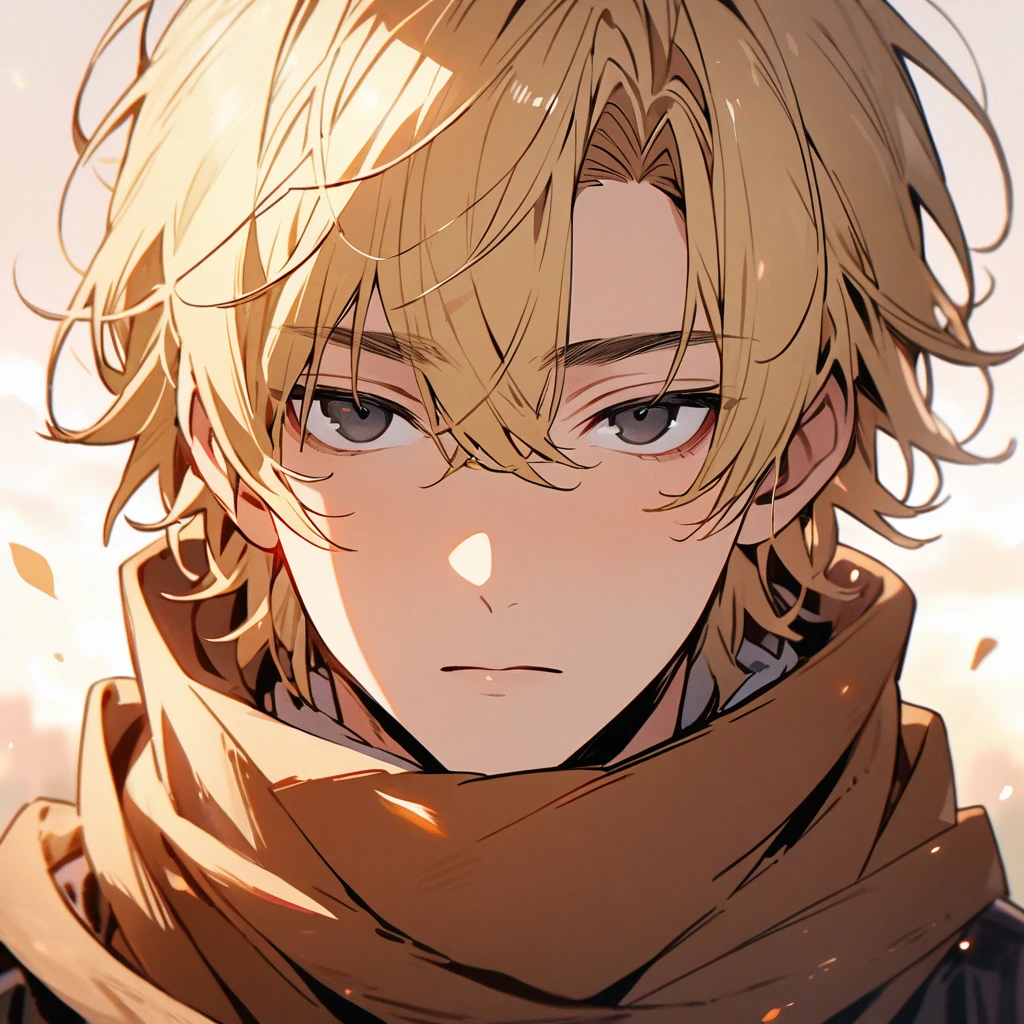 male, solo, handsome, blond hair, high detail, black eyes, wearing scarf, main face, front face, innocent