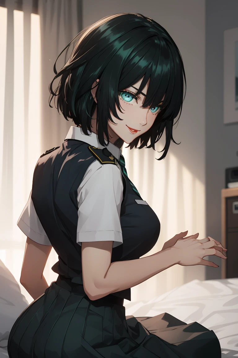 green eyes, (green color hair:1.2),By bang,short hair, flawless skin,dainty smile,vibrant red lips,
BREAK (police uniform, vest, collared shirt, skirt, blue necktie:1.2)
BREAK beautiful face,smiling,close up to hips, moderate breast, sitting on beds, (open mouth:0.4),portrait style,vivid colors,soft lighting, blushing, mature, ((hands behind back:1.5)),
BREAK (masterpiece:1.2), best quality, high resolution, unity 8k wallpaper, (illustration:0.8), (beautiful detailed eyes:1.6), extremely detailed face, perfect lighting, extremely detailed CG, (perfect hands, perfect anatomy),