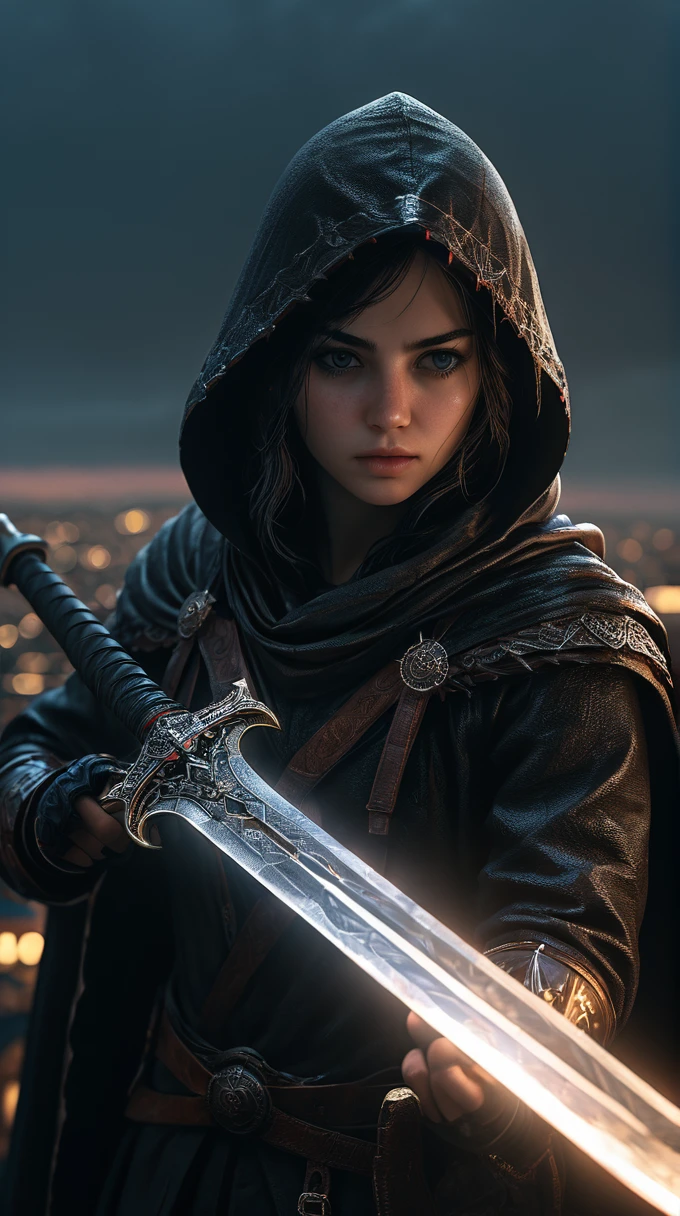low angle amazing cinematic still, an emotive composition that evokes feeling of fear and irrationality, rule of thirds, chromatic aberration, subsurface scattering, layers that create a sense of depth and transition to the image, repeating patterns, excellent framing leading the eye to the multiple focal points, volumetric lighting by spotlight, atmospheric haze
a hooded assassin, holding a glowing sword
rooftops over London