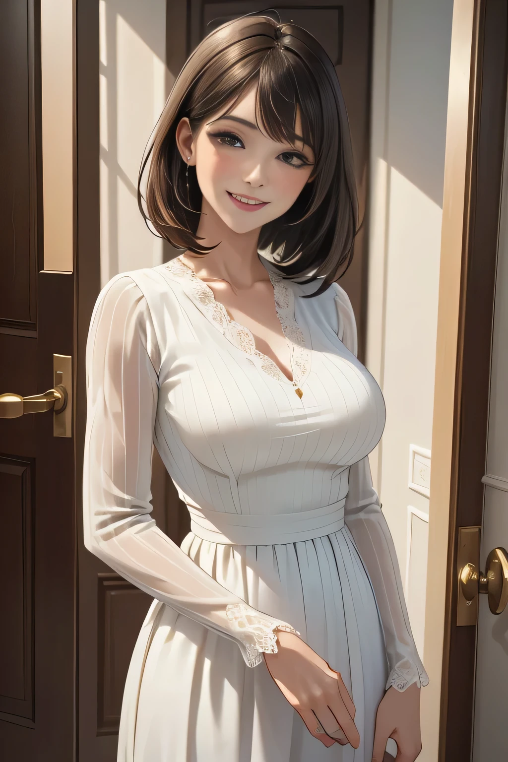 /(Modern house interior/), Only One Woman, Mature Woman, /(blue ribbed 汗er/), bangs, kind, Blushed Smile, (Top quality masterpiece:1.2) Delicate illustrations, Very detailed, Large Breasts、((Elegance)), In front of the entrance door、visit、(Full Shot)),