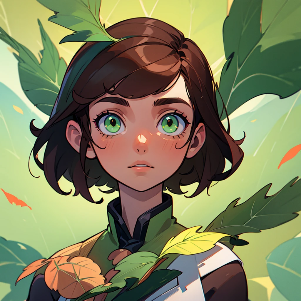 Man with brown hair and green eyes, leaves fly around you 