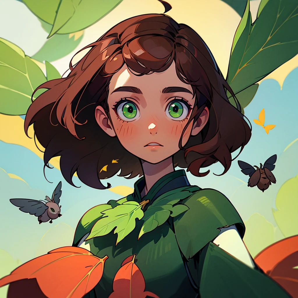 Man with brown hair and green eyes, leaves fly around you