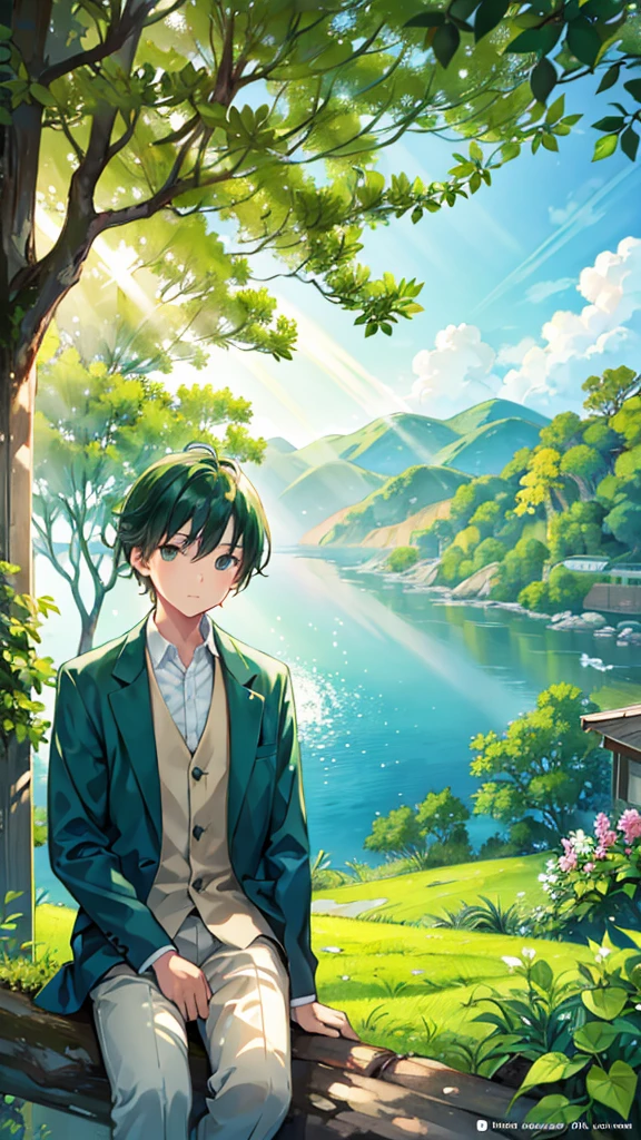 a boy sat under a big tree, Sea view, surrounded by green plants on the hillside, Sunrise, with rays of light, a slightly foggy day, Ultra-HD, Reality, Cinematic Light, detailed background, swirling bright colors, conceptual artwork