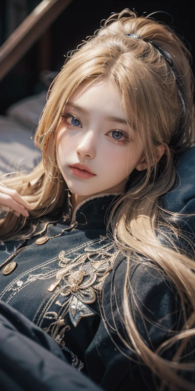 (masterpiece: 1.2, Portraiture, Highest quality), Realistic, (Live Action, Intricate details, Written boundary depth), Highest quality, masterpiece, Attention to detail, semi-Realistic, Sleeping in bed, shy, 21 years old, Short Blonde, blue eyes, pajamas, Slim figure、Canopy bed、