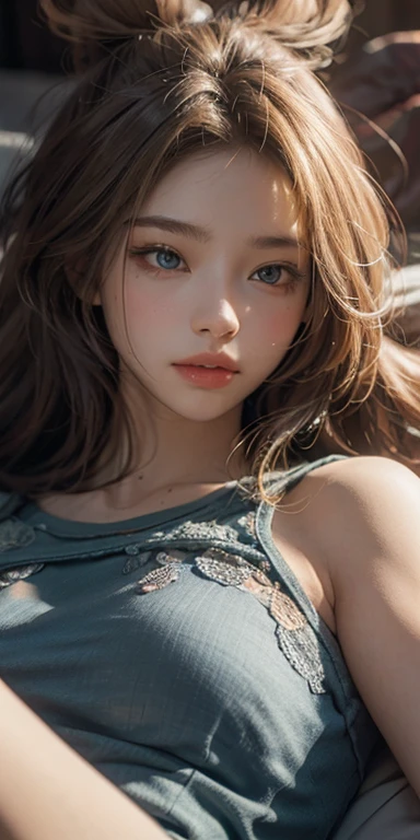 (masterpiece: 1.2, Portraiture, Highest quality), Realistic, (Live Action, Intricate details, Written boundary depth), Highest quality, masterpiece, Attention to detail, semi-Realistic, Sleeping in bed, shy, 21 years old, Short Blonde, blue eyes, pajamas, Slim figure、Canopy bed、