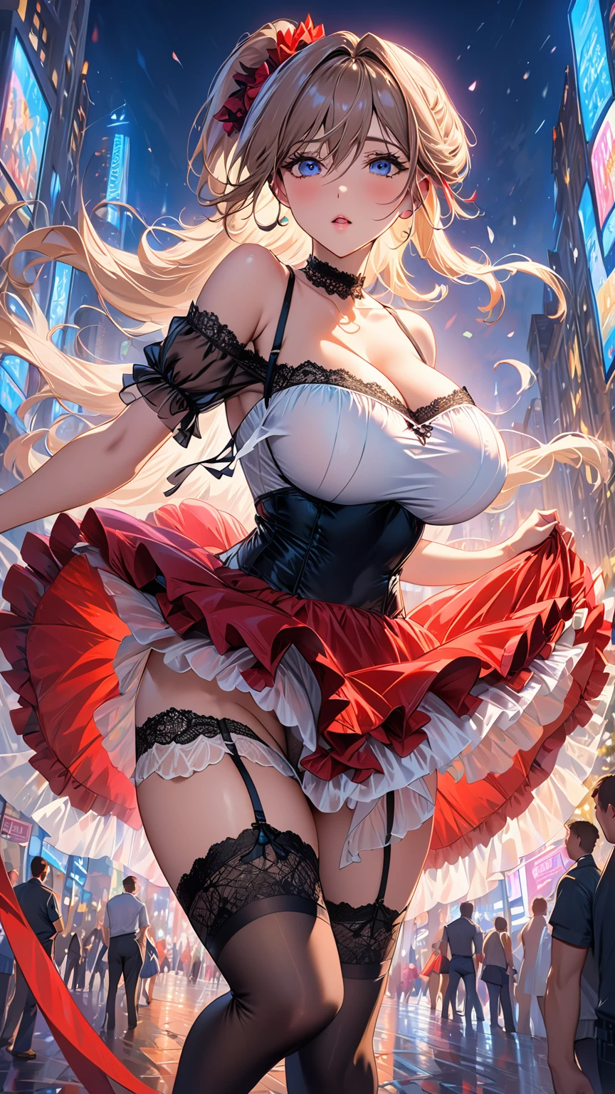 masterpiece:1.4,best-quality,Super Detail,Very Delicate and Beautiful, erotic photo, ( A beautiful orgasm woman boldly rolls up her skirt to show her panties ), sexy thong panties, garter belt, garter stocking, color party dress, gigantic breasts, off-shoulder top, beautiful eyes, in the city