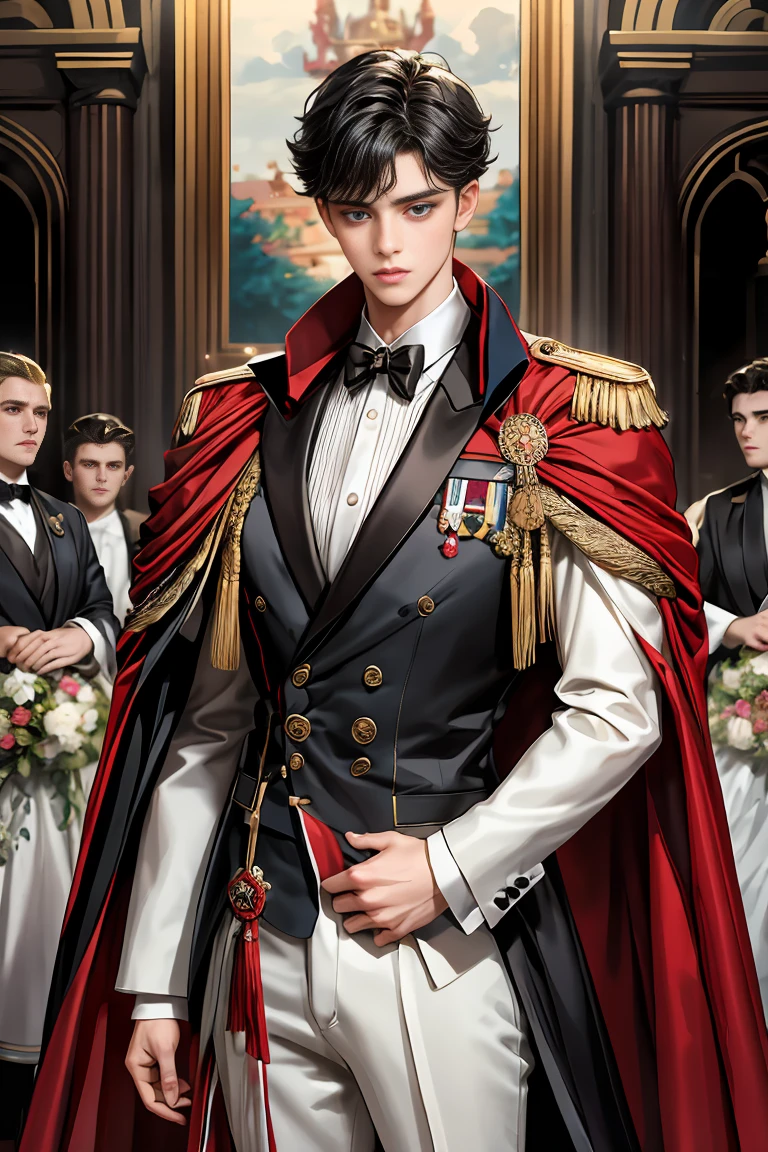 masterpiece, 最high quality, high quality, 1 boy, alone, Male focus, Watching the audience, Messy black hair, Adorable big blue eyes, White, Noble, Noble,A sexy, voluminous, puffy cape、tuxedo、A very voluminous, large, very large, very large, long, long red and black cape with a high stand-up collar, made of a lot of fabric that reaches down to the floor., ,Cute beautiful boys,Cute, cute, kind, handsome guy