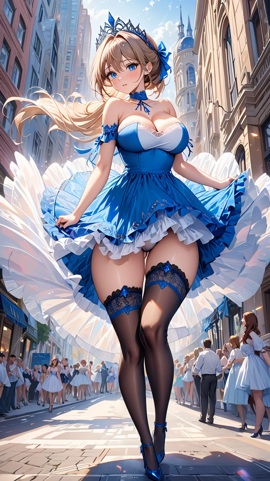 masterpiece:1.4,best-quality,Super Detail,Very Delicate and Beautiful, erotic photo, ( A beautiful orgasm princess boldly rolls up her skirt to show her panties ), sexy thong panties, garter belt, garter stocking, color party dress, gigantic breasts, off-shoulder top, beautiful eyes, in the city