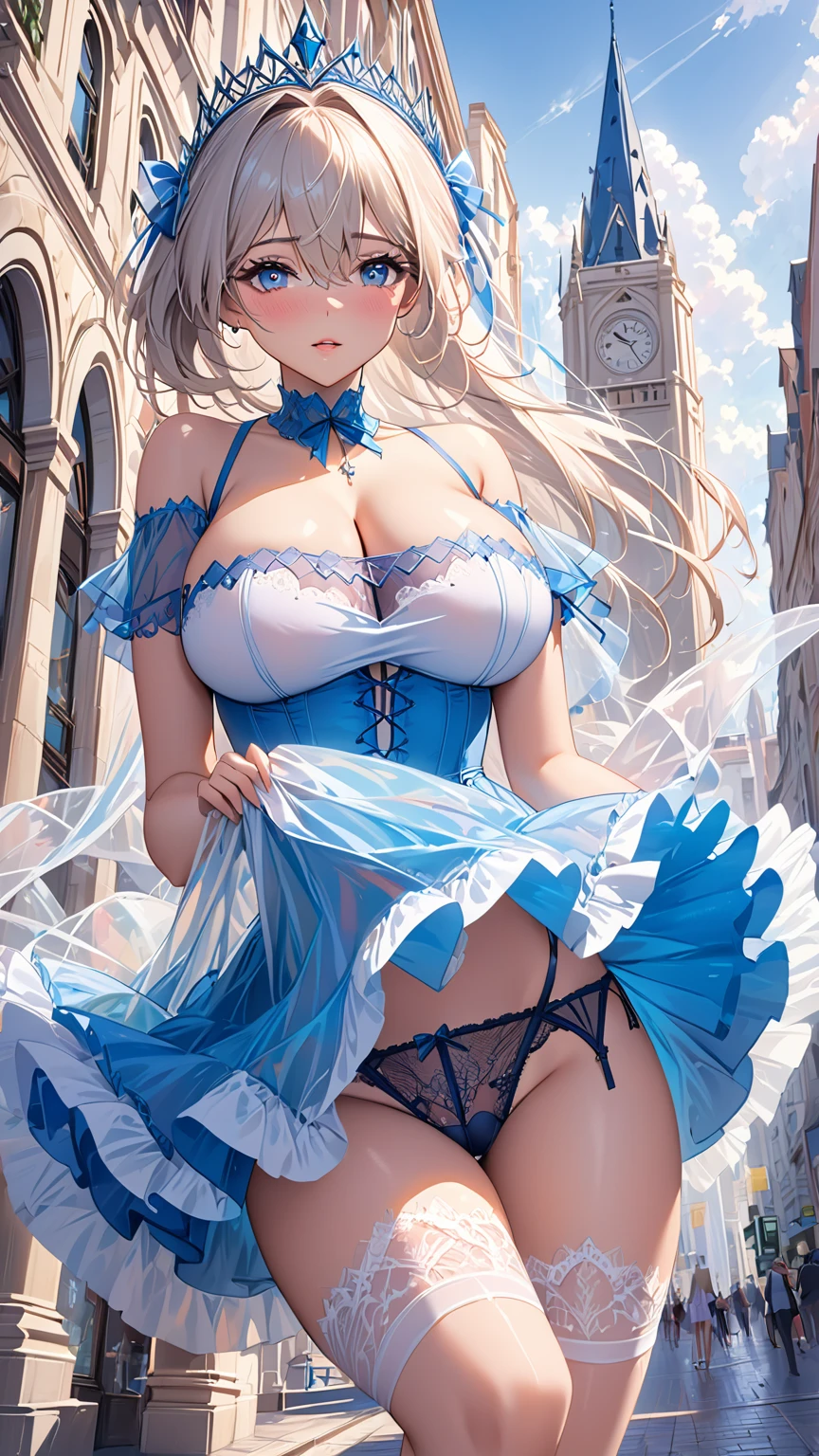 masterpiece:1.4,best-quality,Super Detail,Very Delicate and Beautiful, erotic photo, ( A beautiful orgasm princess boldly rolls up her skirt to show her panties ), sexy thong panties, garter belt, garter stocking, color party dress, gigantic breasts, off-shoulder top, beautiful eyes, in the city