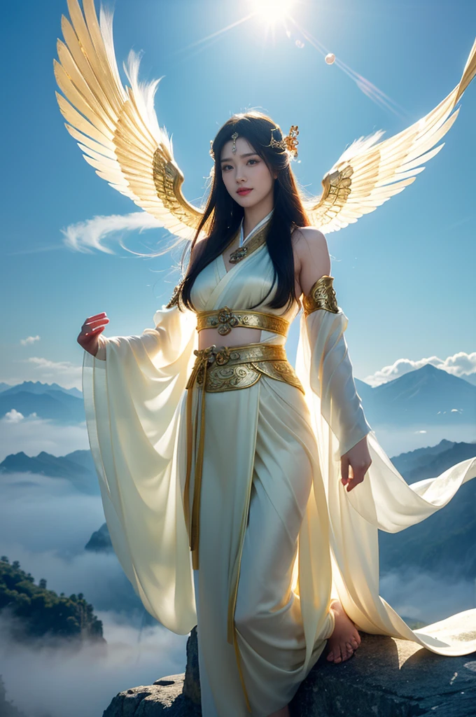 4K resolution,Ancient Chinese Women,female god,The gods, 25 years old, Handsome and sexy,white silk gauze,Golden Angel Dress,Exquisite clothing styles,Beautiful real jade pendant,Barefoot,bare shoulders,Reveal your navel,Date and time,Under your feet there are clouds and mist., fly in the sky,fly in the sky,float,calm and indifferent, detailed body, detailed face, The body is greasy.,smile a little, A beautiful one, Exaggerated, Handsome and charming, Looks brave., long hair fluttering,ผมfloat,It has a long bang.,Incredible amount of hair,Hair flowing,Ambient light,Detailed sky background,Surrounded by clouds,Volumetric illumination,Cell shading,64k