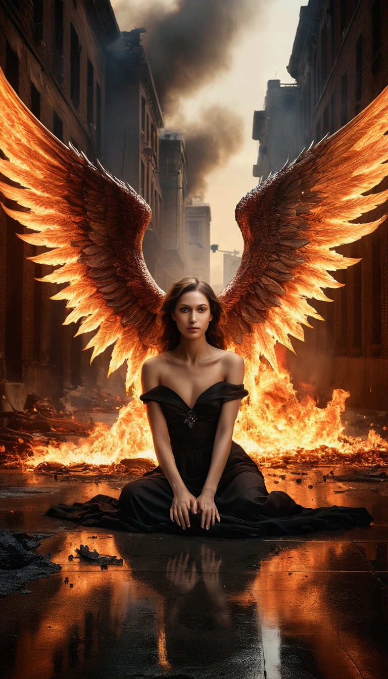 Best Quality, masterpiece, ultra-high-resolution, (realistic photograph:1.4), surrealism, Similar to a dream,FusionArt, Female evil fallen angel with huge wings of fire lying on the ground, in an apocalyptic city in flames, staring at the camera, shadow magic, Darkness control, secret, shadow step, border spells, hidden blade. foreground. portrait.