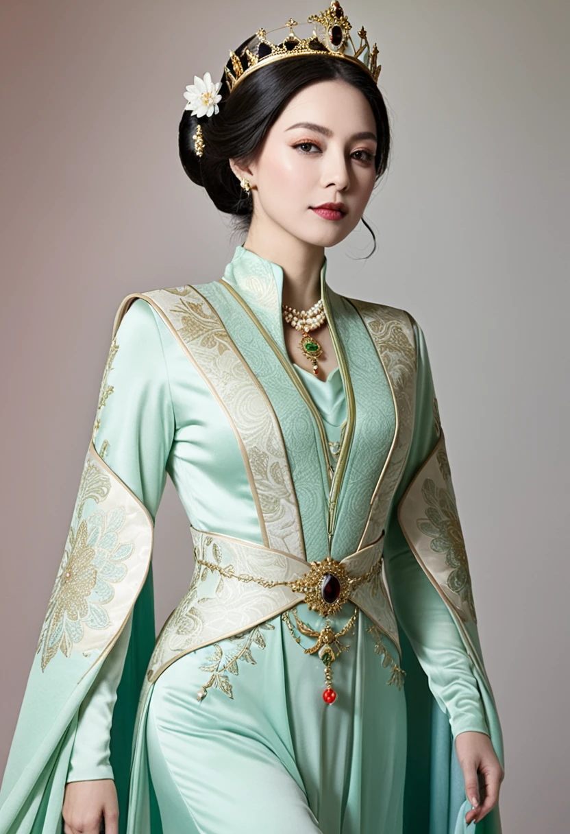 The Empress's big breasts, hairy body, and pubic hair are visible as she sits naked without underwear、 Her hair is tied up and pulled up with a gorgeous flower ornament on both sides.、The background of the crowning of the Qing Dynasty Empress is the stone paving of a Chinese palace during the Qing Dynasty.