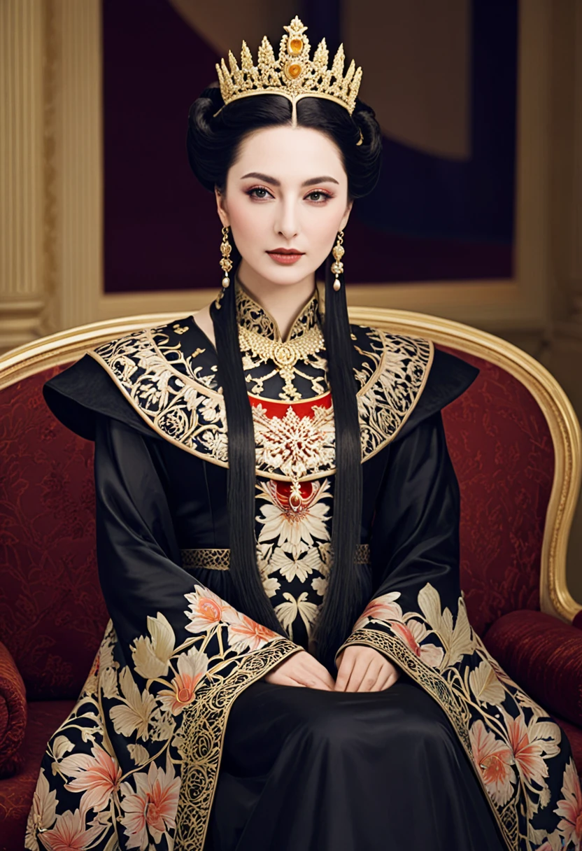 The Empress's big breasts, hairy body, and pubic hair are visible as she sits naked without underwear、 Her hair is tied up and pulled up with a gorgeous flower ornament on both sides.、The background of the crowning of the Qing Dynasty Empress is the stone paving of a Chinese palace during the Qing Dynasty.
