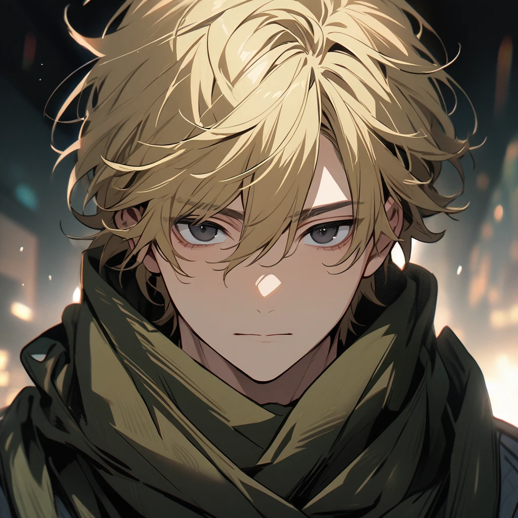 male, solo, handsome, blond hair, high detail, black eyes, wearing scarf,  main face, front face, innocent