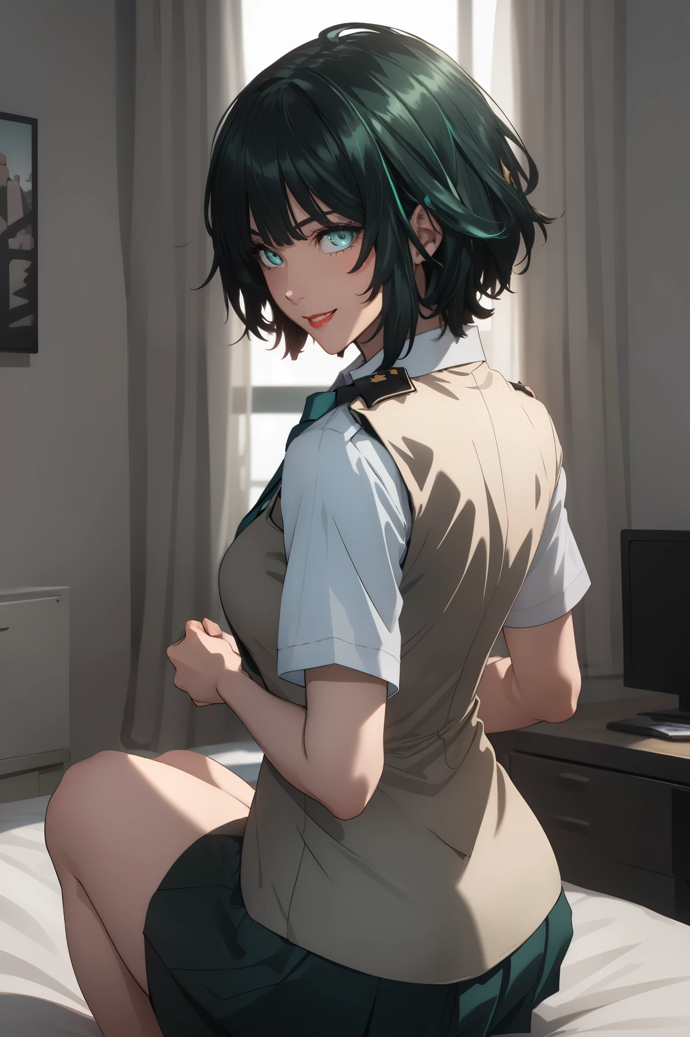 green eyes, (green color hair:1.2),By bang,short hair, flawless skin,dainty smile,vibrant red lips,
BREAK (police uniform, vest, collared shirt, skirt, blue necktie:1.2)
BREAK beautiful face,smiling,close up to hips, moderate breast, sitting on beds, (open mouth:0.4),portrait style,vivid colors,soft lighting, blushing, mature, ((hands behind back:1.5)),
BREAK (masterpiece:1.2), best quality, high resolution, unity 8k wallpaper, (illustration:0.8), (beautiful detailed eyes:1.6), extremely detailed face, perfect lighting, extremely detailed CG, (perfect hands, perfect anatomy),