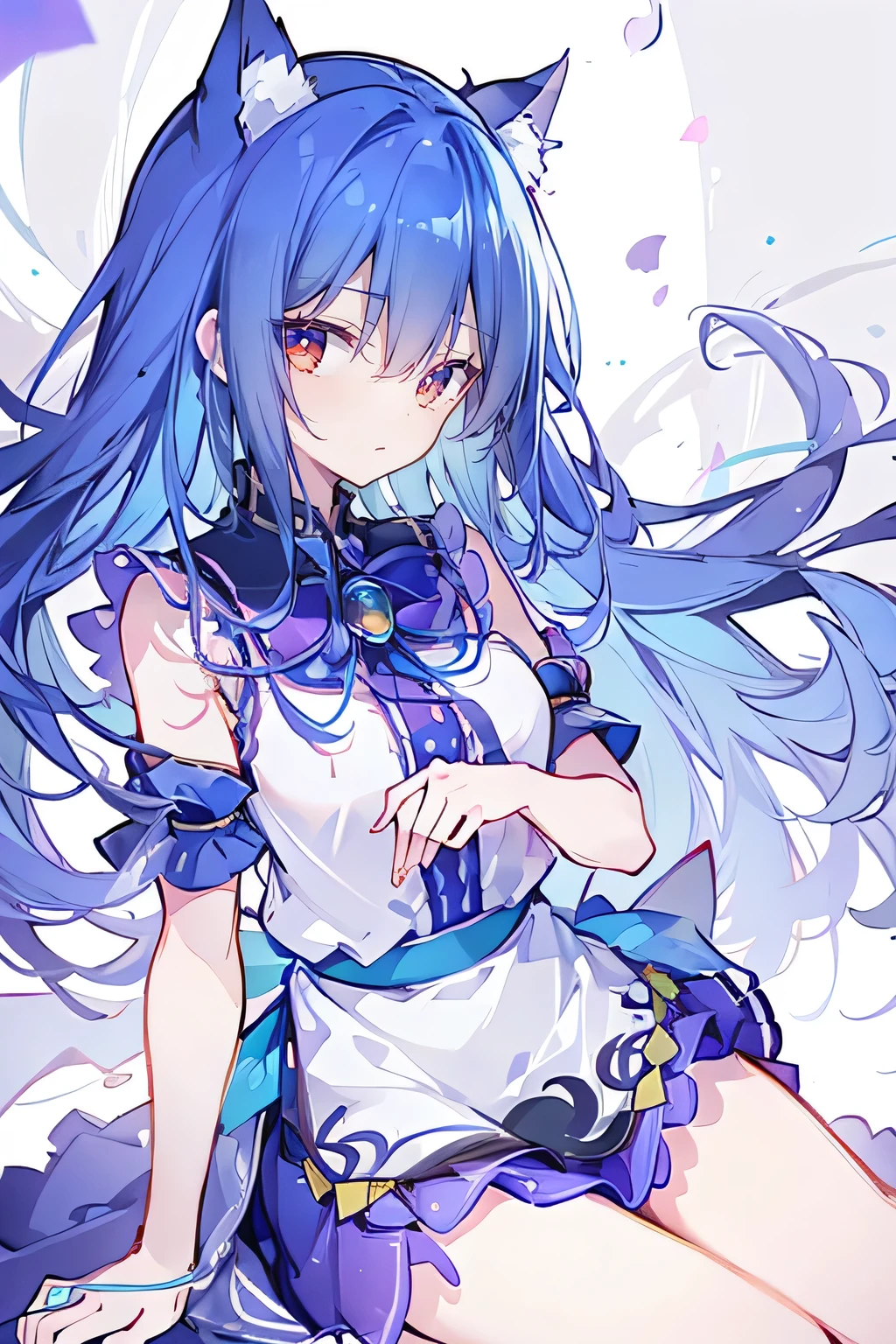 (masterpiece:1.2),ultra-detailed,realistic,expressive eyes,fair-skinned,perfectly shaped face,1girl,
Japanese cartoons,Gorgeous blue hair, flowing blue hair,floating clothes,cat ears,petals falling,beautiful Lola,Hina Angel,
hands on waist,gracefully sitting on the ground,legs crossed,gentle and serene.