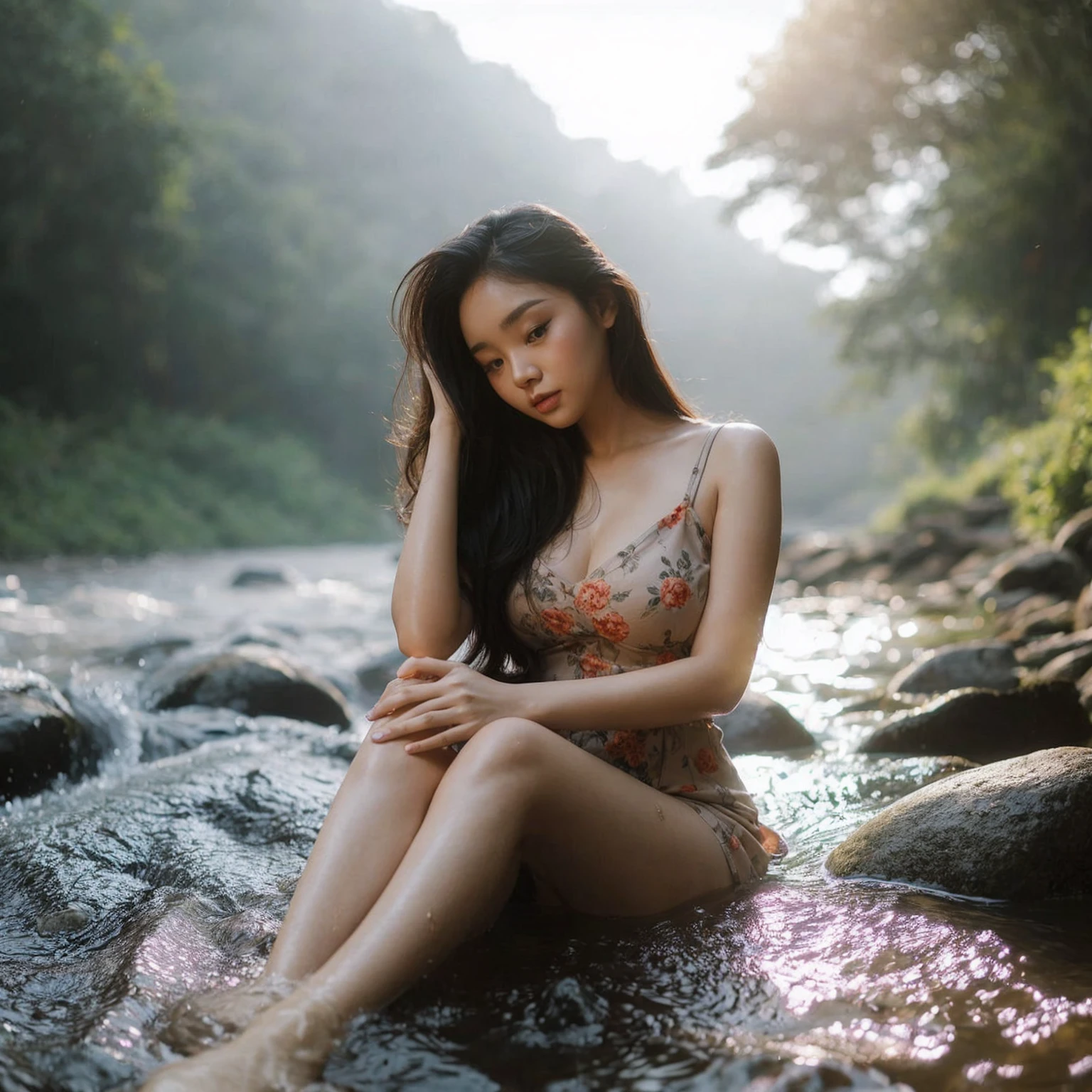 Lifestyle photoshoot, a beautiful indonesian girl (slightly overweight), soaking in the river, bright light, ultra HD 16K