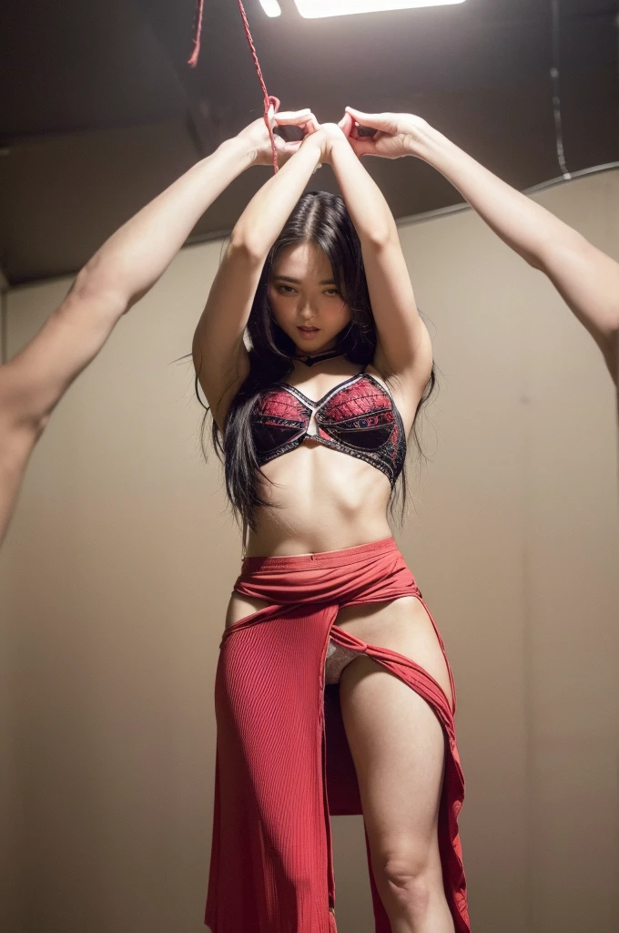 (Best Quality: 1.5), (black-red lingerie panties). (((Twisting the skirt))). Detailed female genitalia. (((Trembling girl ))). get blush. (((Grabbing the hem of the skirt))). Pants with drawstrings on the sides. Full body standing
