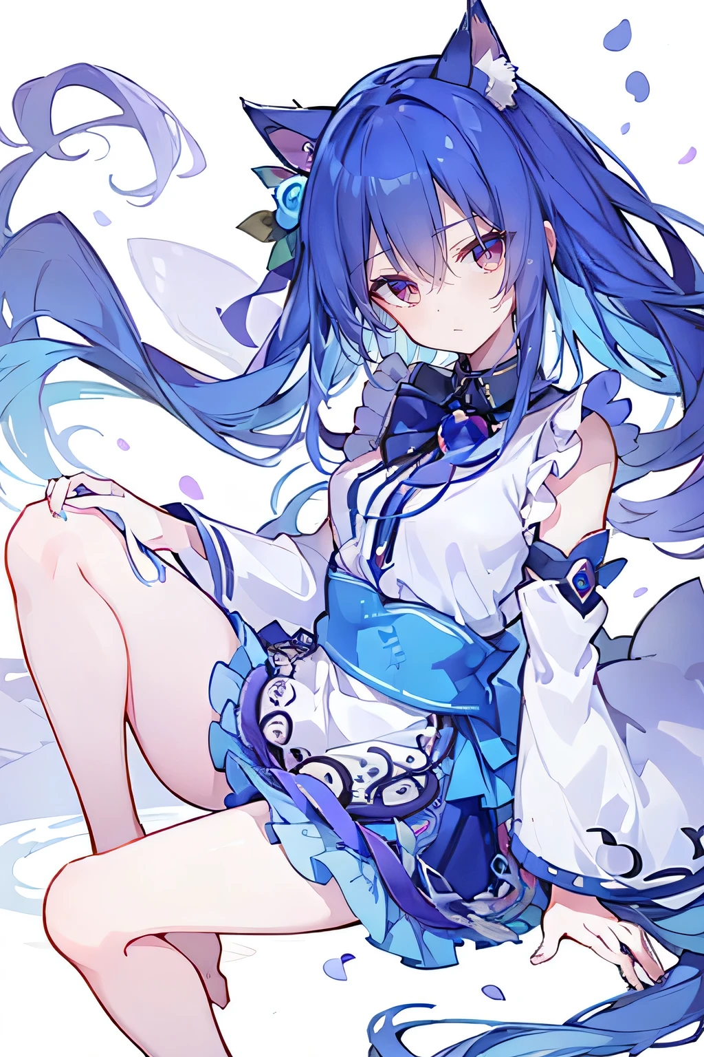 (masterpiece:1.2),ultra-detailed,realistic,expressive eyes,fair-skinned,perfectly shaped face,1girl,
Japanese cartoons,Gorgeous blue hair, flowing blue hair,floating clothes,cat ears,petals falling,beautiful Lola,Hina Angel,
hands on waist,gracefully sitting on the ground,legs crossed,gentle and serene.