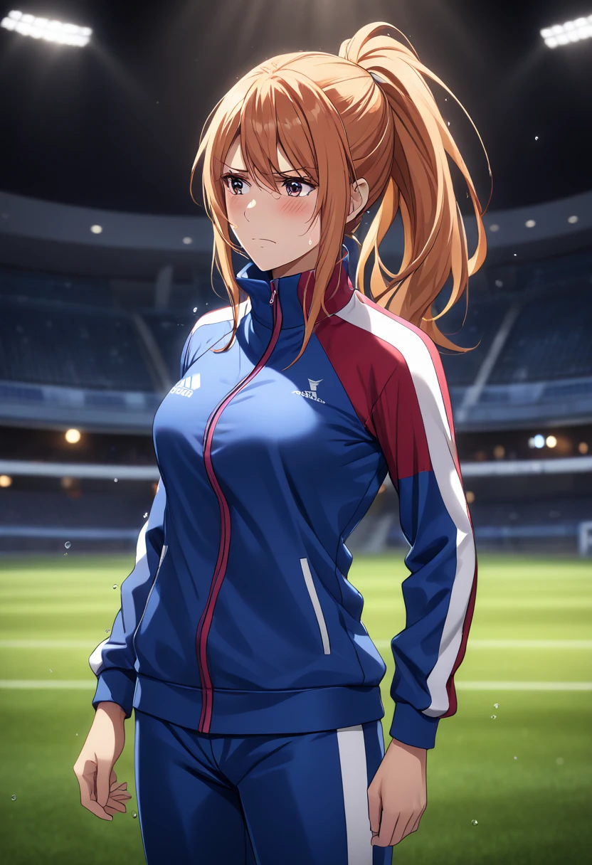 bianka durandal ataegina, (ponytail:1.5), tight shirt, multicolored tracksuit, standing straight, wetting herself, best quality, ultra-detailed, HDR, studio lighting, professional, vivid colors, sharp focus, bokeh, landscape, empty stadium, night, spotlight, soft lighting, dynamic shadows, embarrassed, humiliation, blushing, angry, tears, facing viewer, anime sreencap