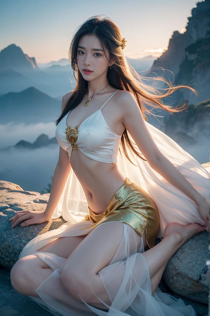 4K resolution,Ancient Chinese Women,female god,The gods, 25 years old, Handsome and sexy,white silk gauze,Golden Angel Dress,Exquisite clothing styles,Beautiful real jade pendant,Barefoot,bare shoulders,Reveal your navel,Date and time,Under your feet there are clouds and mist., fly in the sky,fly in the sky,float,calm and indifferent, detailed body, detailed face, The body is greasy.,smile a little, A beautiful one, Exaggerated, Handsome and charming, Looks brave., long hair fluttering,ผมfloat,It has a long bang.,Incredible amount of hair,Hair flowing,Ambient light,Detailed sky background,Surrounded by clouds,Volumetric illumination,Cell shading,64k