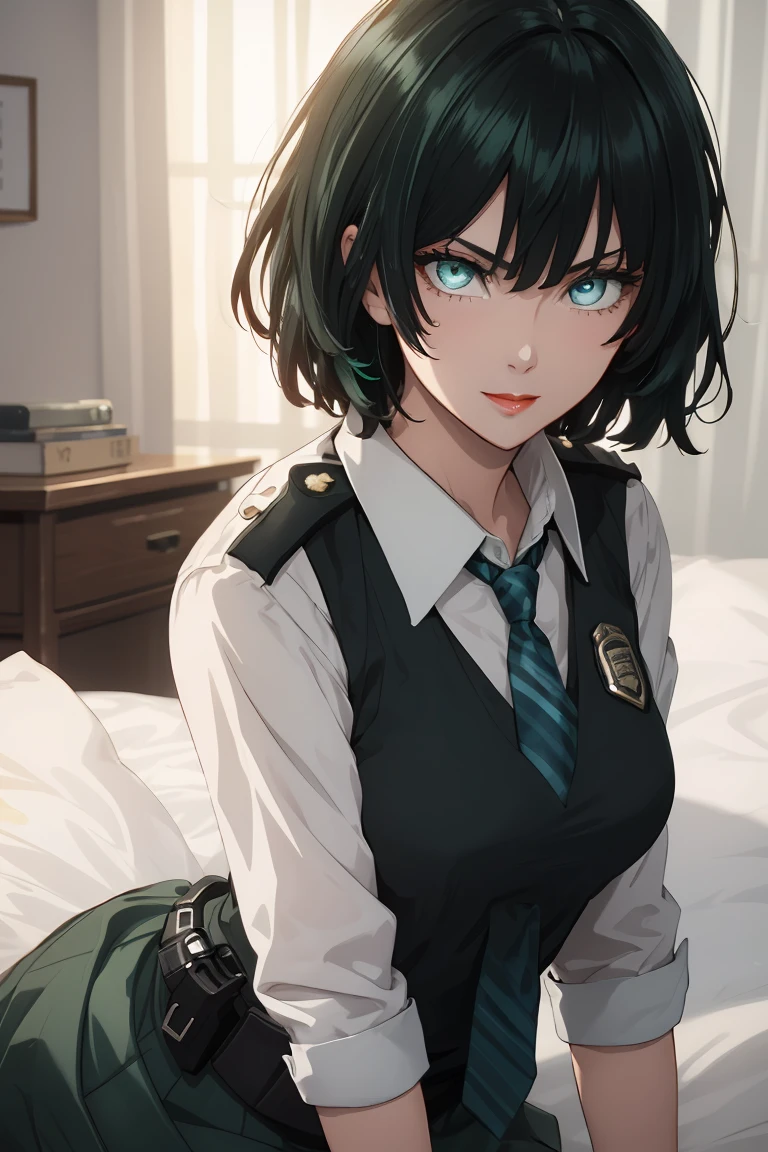 green eyes, (green color hair:1.2),By bang，short hair, flawless skin,dainty smile,vibrant red lips,
BREAK (police uniform, vest, collared shirt, skirt, blue necktie:1.2)
BREAK laying on bed, looking at viewer, side angle, blush,
BREAK (masterpiece:1.2), best quality, high resolution, unity 8k wallpaper, (illustration:0.8), (beautiful detailed eyes:1.6), extremely detailed face, perfect lighting, extremely detailed CG, (perfect hands, perfect anatomy),