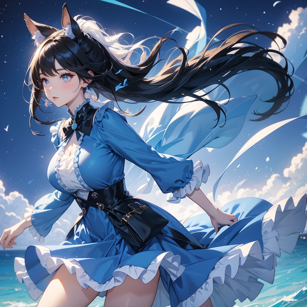 Big breasted horse ear girl in blue frilly dress running at full speed、Black Hair、Lady Hair、evening、Masterpiece。
