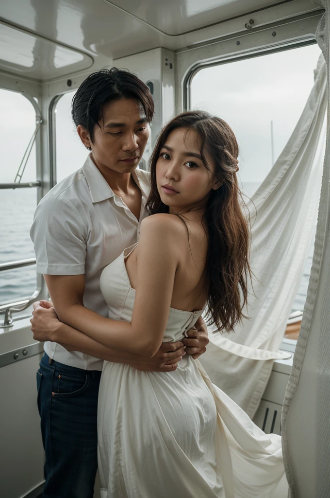 Cinematic photo of an Indonesian husband and wife standing at the bow of a ship like a scene from the movie Titanic, a 45 year old man with a Korean face, bun hair, a 40 year old woman with an oval face, shoulder length hair, dressed in white, a scene of a woman being hugged by a man with the woman stretching her arms intimately as if flying, on the bow of the Titanic with a view of the snowy sea, hair flowing in the wind, details of the bow of the Titanic, facial details, sk