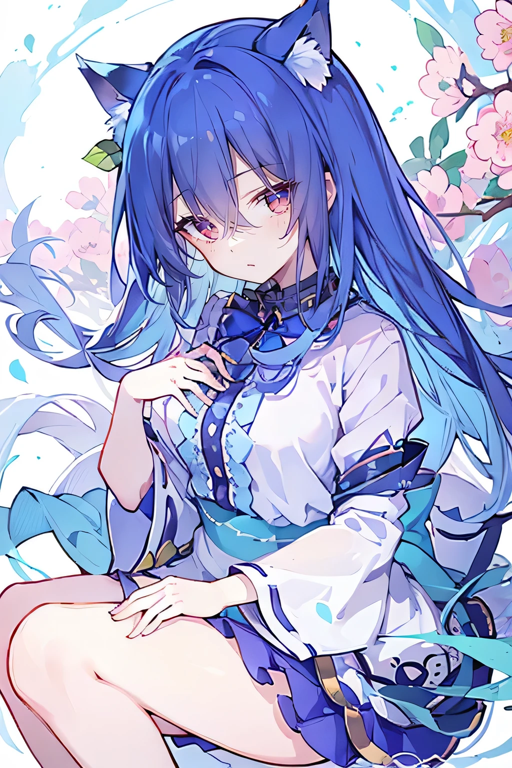 (masterpiece:1.2),ultra-detailed,realistic,expressive eyes,fair-skinned,perfectly shaped face,1girl,
Japanese cartoons,Gorgeous blue hair, flowing blue hair,floating clothes,cat ears,petals falling,beautiful Lola,Hina Angel,
hands on waist,gracefully sitting on the ground,legs crossed,gentle and serene.