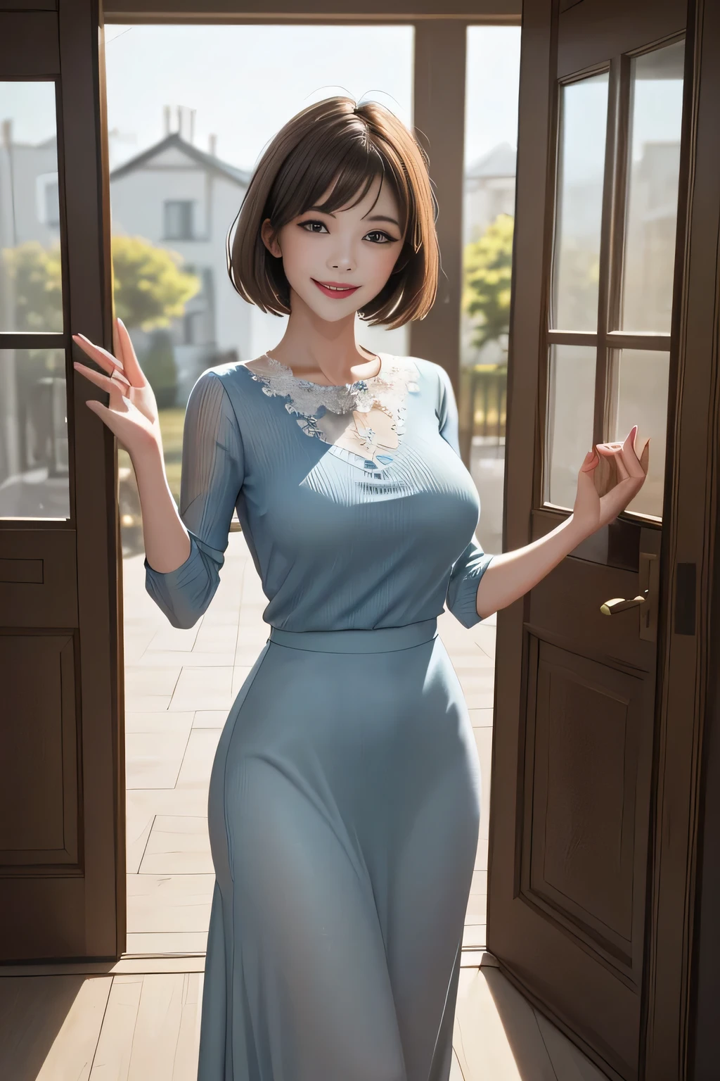/(Modern house interior/), Only One Woman, Mature Woman, /(blue ribbed 汗er/), bangs, kind, Blushed Smile, (Top quality masterpiece:1.2) Delicate illustrations, Very detailed, Large Breasts、((Elegance)), In front of the entrance door、visit、(Full Shot)),