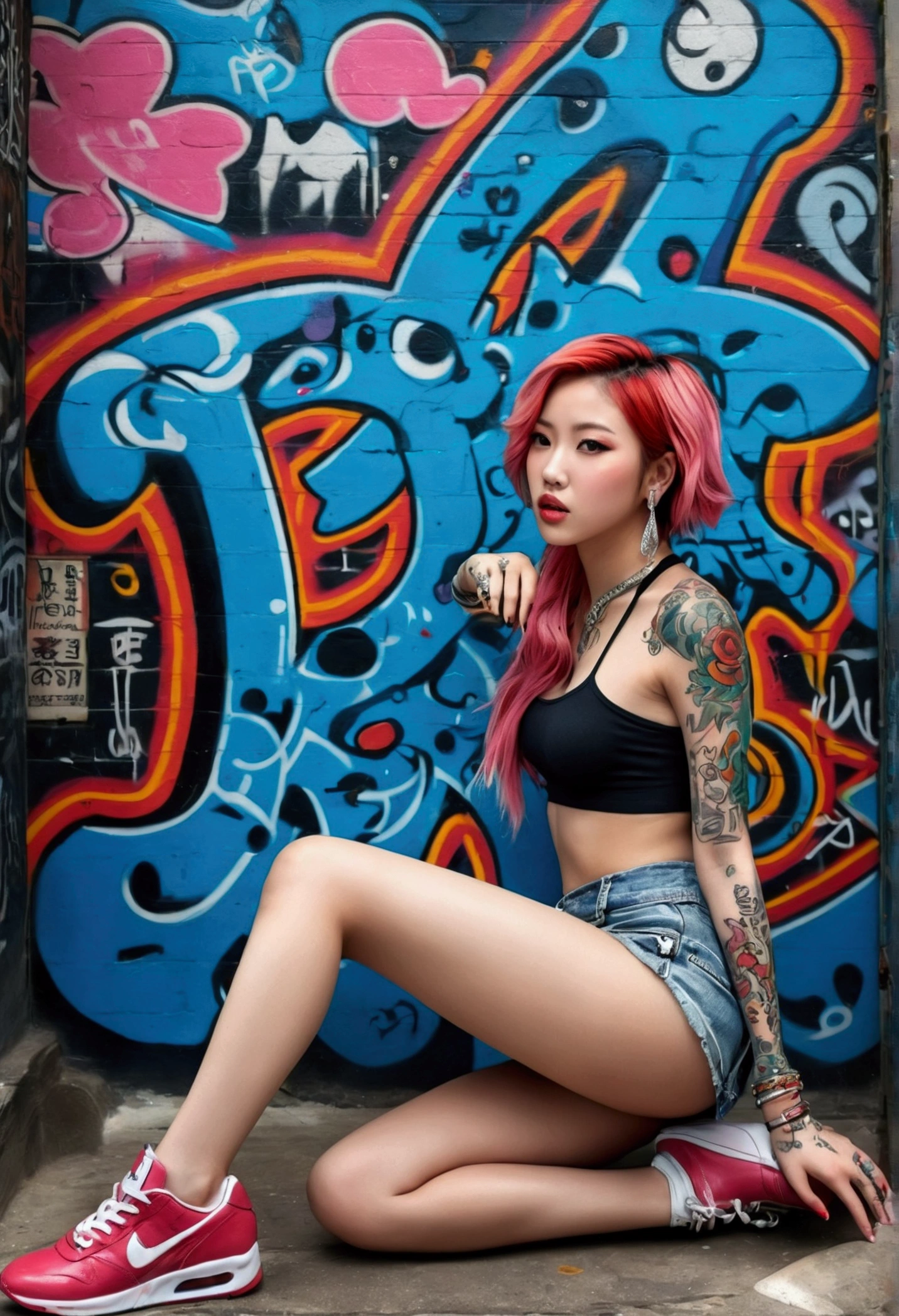 (Maximum image quality), (masterpiece), (Dynamic, realistic photography, realist, Amazing, Dark, sharp focus, 8k), Full color drawing of korean girl  hip hop, hip hop, hip hop, hip hop, Miniskirt jeans, Rap (((graffiti art))), At the bottom of the sea, crazy details, complicated details, hyper details , low contrast, Suave, cinematic light, touch combination, HdR, Forehead (1 girl), bare legs, bare shoulders, (colorful hair), music, White skin, sexy, luxurious, Model pose , (detailed face, Lips, nose, red, eyelid, Lipsstick, beautiful face), thigh length skirt, (whole body), (whole body get tattoo:1.2), Pink sneakers, good body, open legs