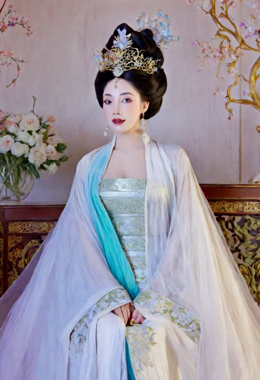 The Empress's big breasts, hairy body, and pubic hair are visible as she sits naked without underwear、 Her hair is tied up and pulled up with a gorgeous flower ornament on both sides.、The background of the crowning of the Qing Dynasty Empress is the stone paving of a Chinese palace during the Qing Dynasty.