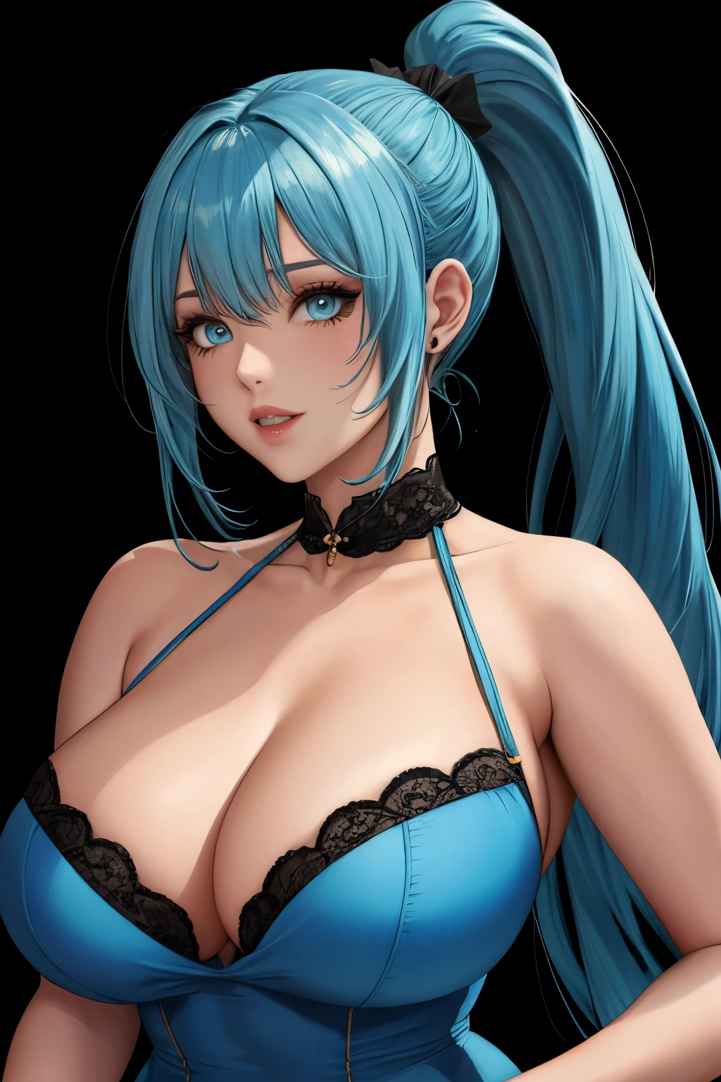 Light blue hair,ponytail,dress,Big Breasts,Glowing Skin,Black background