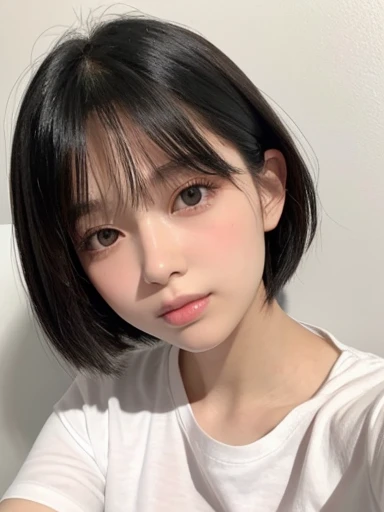 20-year-old women、Japanese、Beauty、The eyes are double、White T-shirt、White Background、Breast、Beautiful Skin、Glossy Lips、Black short hair、Upper Body、head whole、Selfie from diagonally above
