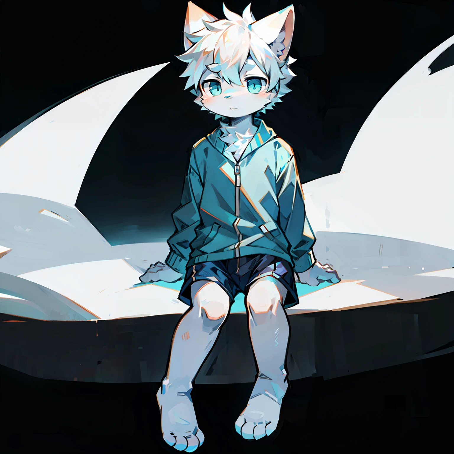 furry， cat boy，（White hair），（Dark gray skin），blue eyes，Sit on the void，（Wear short white socks），Light blue pajamas and shorts，Blank Background，The only person，high quality