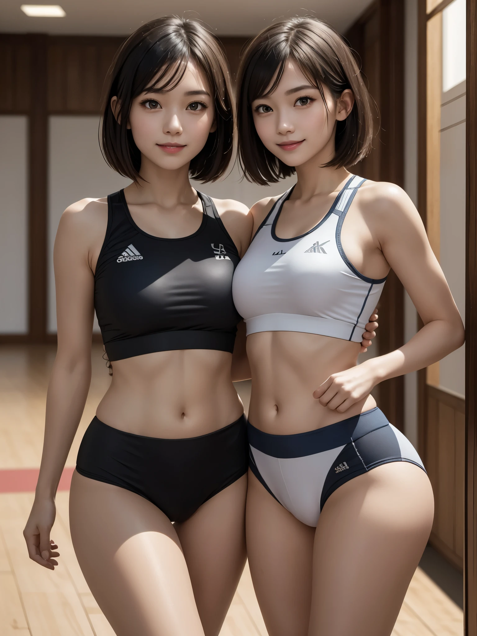 (masterpiece), highly realistic, smiling for the camera, Two slender beautiful female students standing apart from each other, Stylishly designed training wear, high cut bloomers, camel toe, Short hair and pale skin, (Empty karate hall), (perfect anatomy), 8k Resolution, wonder full, elegant, hyperrealism, approaching perfection, dynamic, highly detailed, ultra high definition, HD resolution, high quality boost, contrast boost