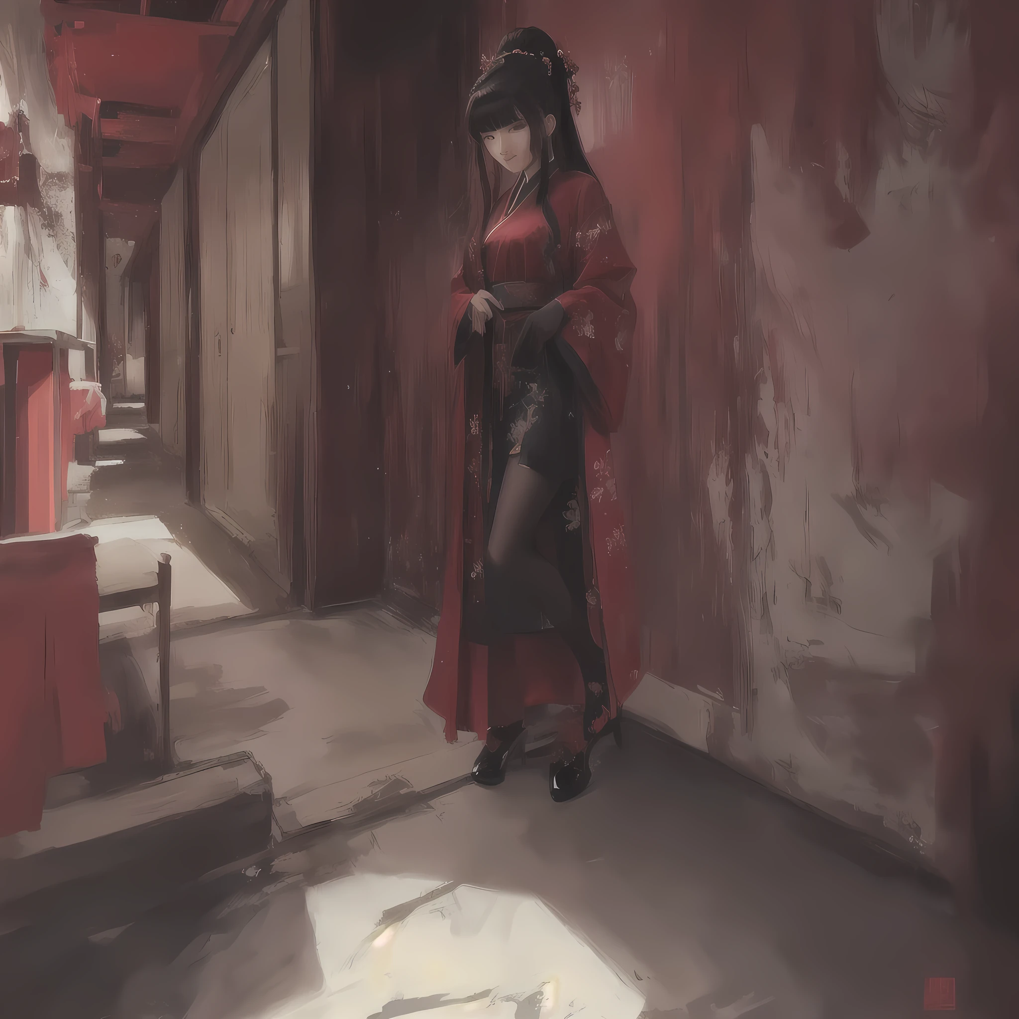 Anime-style painting of a woman in a red robe standing in a hallway, Gwaiz, by Shimo, artwork in the style of Gwaiz, Gwaiz on pixiv artstation, Gwaiz on artstation pixiv, Jan J, palace ， Girl in Han Dress, Inspired by Chung Fenghua