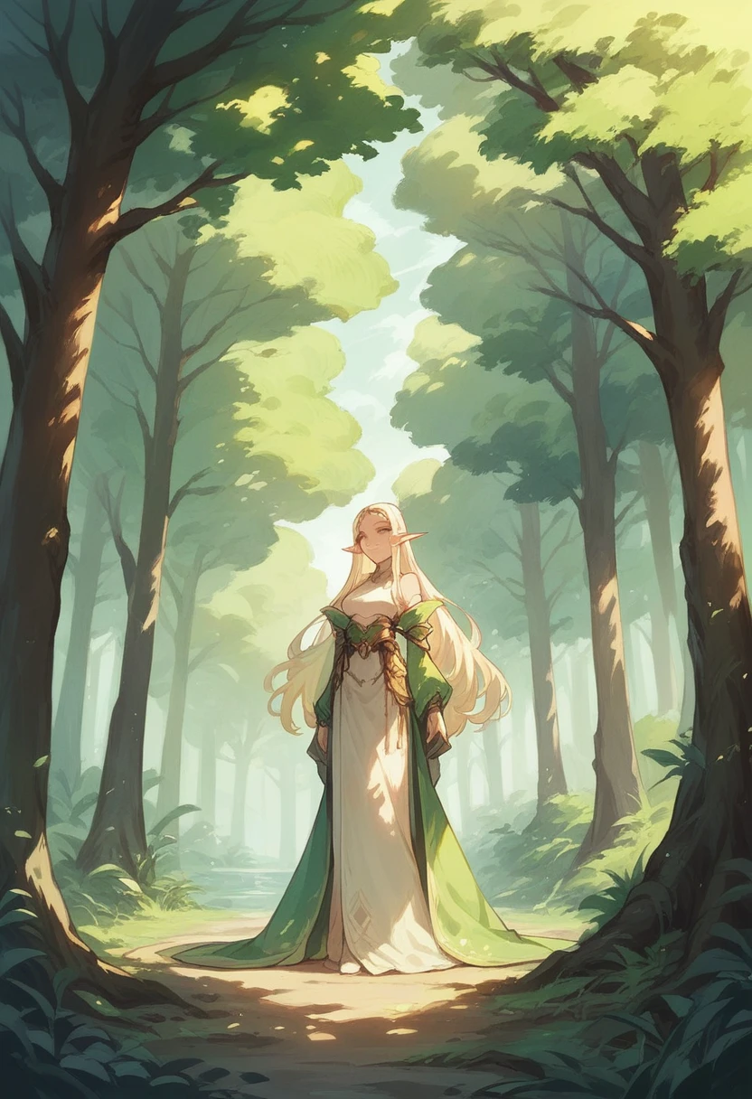 elf girl,white skin,blond,long hair,standing green world,so beautiful face,japanese manga style,sunlight filtering through trees,
