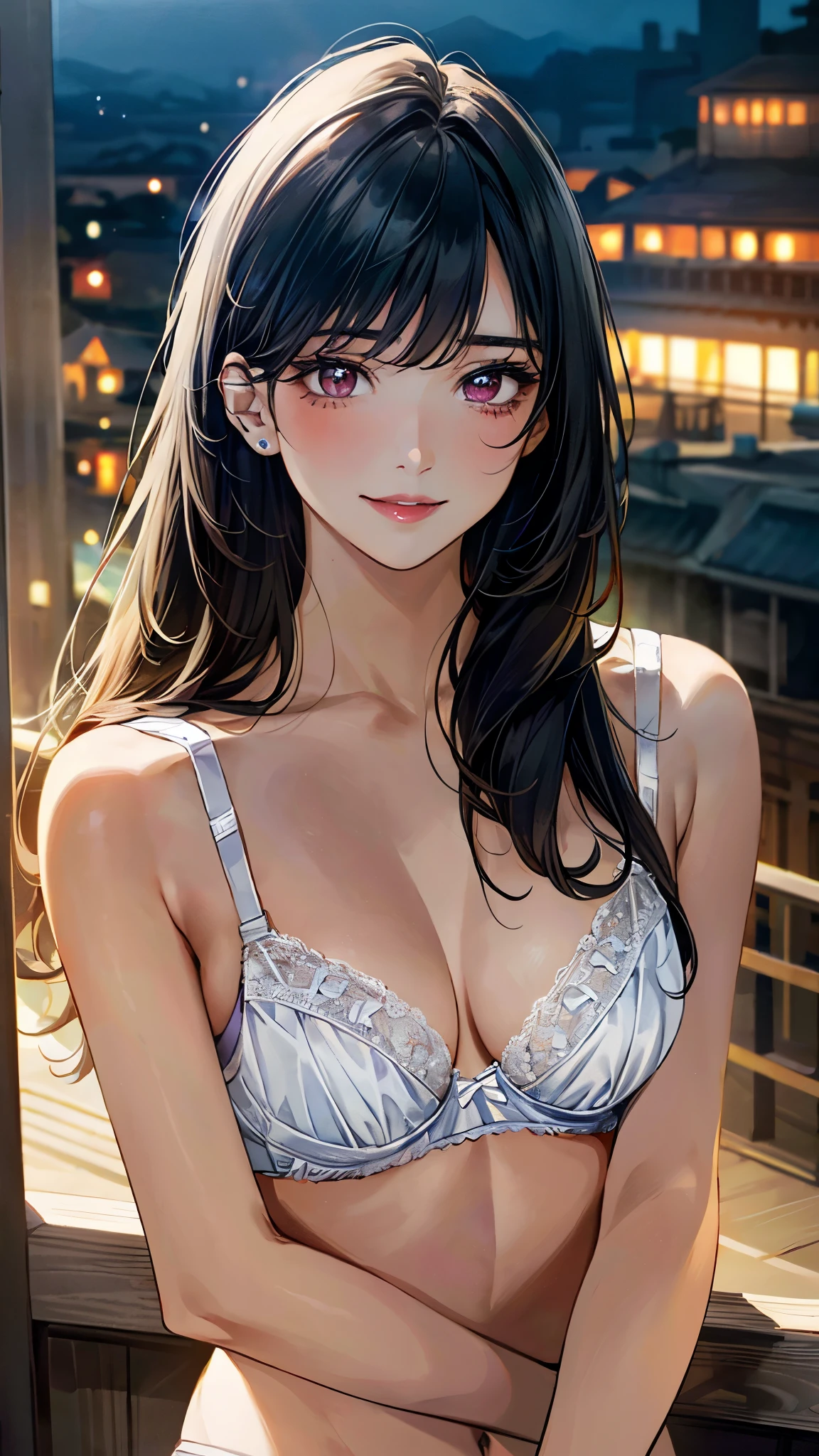 (White neat bra and panties:1.4)、(masterpiece:1.3, Highest quality, Ultra-high resolution, Super detailed), (Realistic, photoRealistic:1.4), Beautiful illustrations, Perfect lighting, Natural light, colorful, Depth of written boundary, Surrealism,
Beautiful detailed hair, Beautifully detailed face, beautiful detailed eye, Beautiful clavicle, Beautiful body, Beautiful breasts, Beautiful thighs, Beautiful feet, Beautiful fingers,
View your viewers, 1 girl, high school girl, Perfect Face, (Perfect Anatomy, Anatomically correct), Cute and symmetrical face, Baby Face, , Glowing Skin,
(Long Hair:1.5, Straight hair, Black Hair), bangs, (Medium Violet Red) eye, Long eyelashes, (Medium chest), thin,
Navy School Socks,
(Beautiful views), evening, (city), , , (smile, Lips parted),