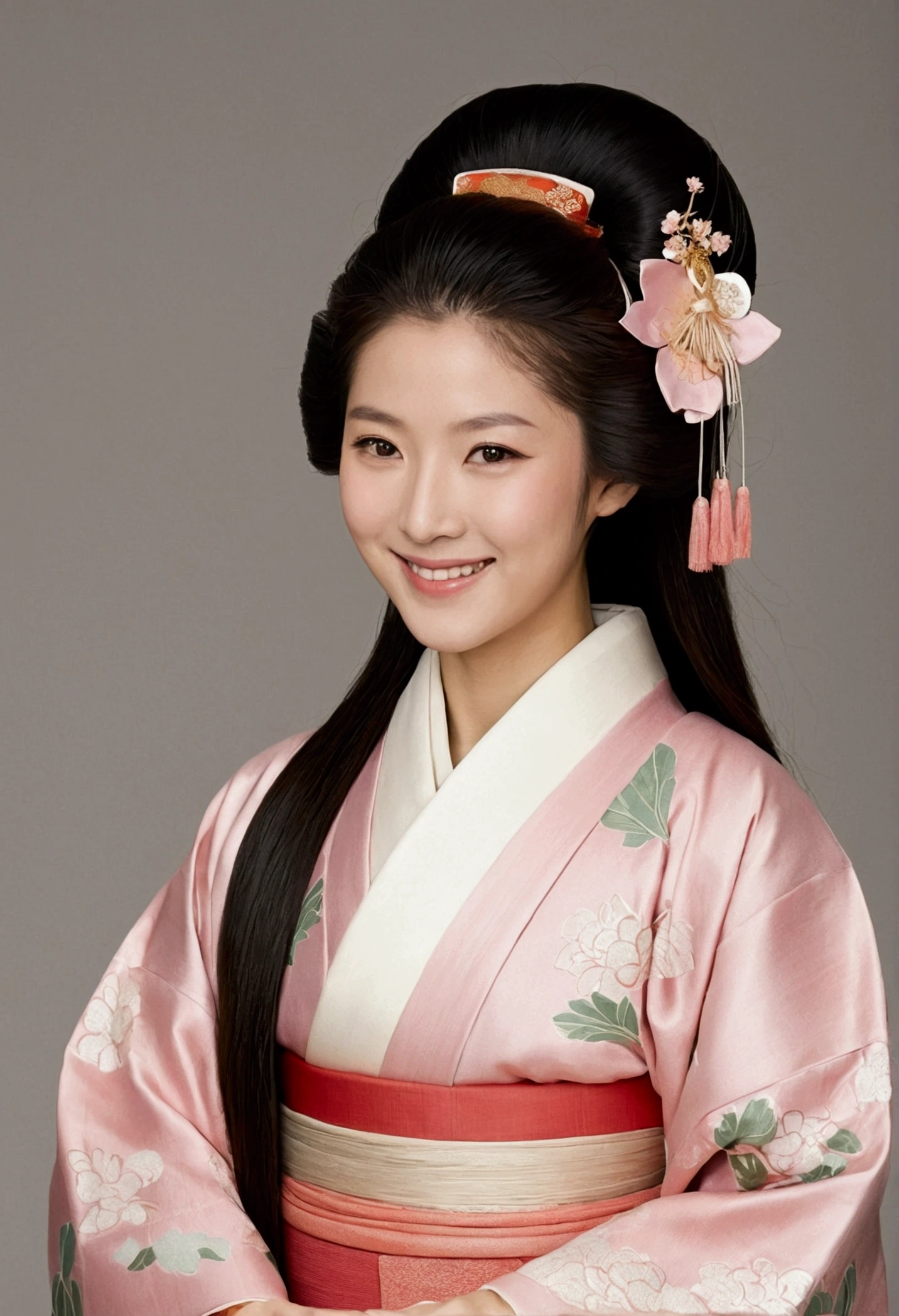 palace、Heian period、Wearing twelve-layered kimono(Kimono color、Light pink)、Woman looking forward and smiling、Medium build、Approximately 20 years old、Long Hair、Beauty