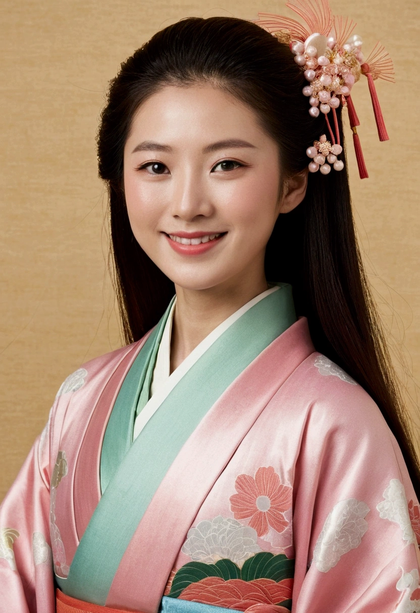 palace、Heian period、Wearing twelve-layered kimono(Kimono color、Light pink)、Woman looking forward and smiling、Medium build、Approximately 20 years old、Long Hair、Beauty