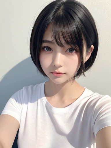 20-year-old women、Japanese、Beauty、The eyes are double、White T-shirt、White Background、Breast、Beautiful Skin、Glossy Lips、Black short hair、Upper Body、head whole、Selfie from diagonally above
