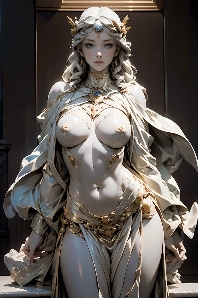 (Marble statue:1.5), Greek Goddess, Full engraving, Laurel wreath, Detailed face, Wearing peplos, A large piece of cloth that is wrapped around the body, topless, Beautiful breasts, well-proportioned body, Feminine body, floating, On a pedestal, Show your chest,Pointed nipples Dynamic pose, Floral Base, masterpiece, Highest quality, Very detailed Very detailed, dramatic, Cinema Lighting, Contrast, High resolution, Ultra-realistic, Realistic,