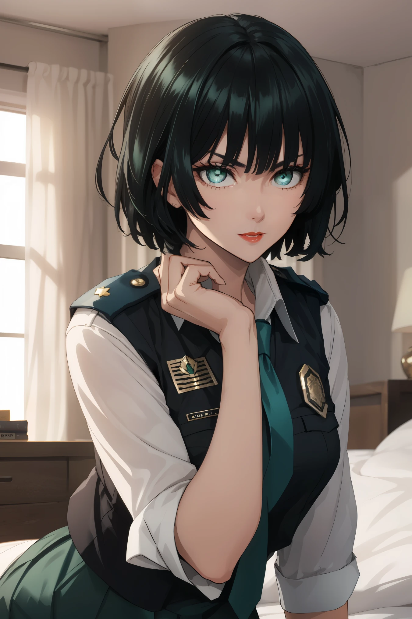 green eyes, (green color hair:1.2),By bang,short hair, flawless skin,dainty smile,vibrant red lips,
BREAK (police uniform, vest, collared shirt, skirt, blue necktie:1.2)
BREAK laying on bed, looking at viewer, side angle, blush,
BREAK (masterpiece:1.2), best quality, high resolution, unity 8k wallpaper, (illustration:0.8), (beautiful detailed eyes:1.6), extremely detailed face, perfect lighting, extremely detailed CG, (perfect hands, perfect anatomy),