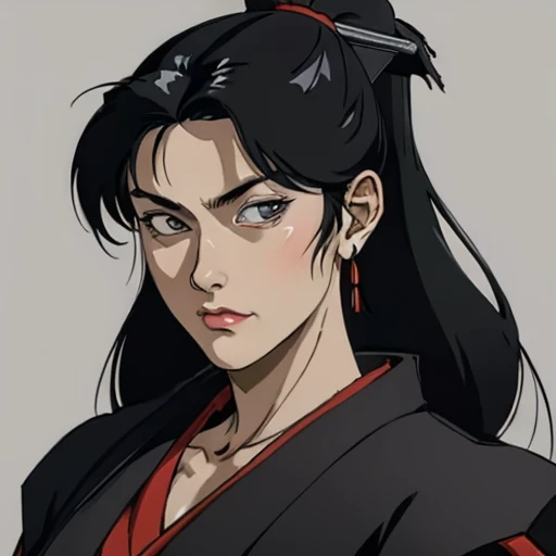 (masterpiece), (best quality),(portrait),(bust up),1girl,solo,(sharp focus),(look at viewer),perfect eyes,Samurai girl,black hair, kimono, ancient luxurious long clothes,（simple background),old school fantasy art,cimagarahau,1woman,sidelocks,LadSam