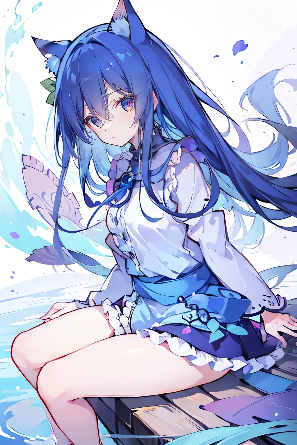 (masterpiece:1.2),ultra-detailed,realistic,expressive eyes,fair-skinned,perfectly shaped face,1girl,
Japanese cartoons,Gorgeous blue hair, flowing blue hair,floating clothes,cat ears,petals falling,beautiful Lola,Hina Angel,
hands on waist,gracefully sitting on the ground,legs crossed,gentle and serene.