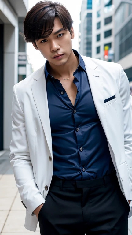 solo , 1man , thai man , white jacket , blue shirt with collar , black Long pants 