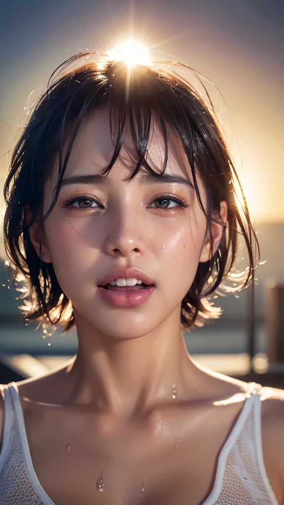 Photorealistic, Surreal, Cinema Lighting, 32K, 1 girl, look up, Backlight, (Bright light:1.2), (Improvement of quality:1.4), (Highest quality realistic textured skin:1.4), Detailed eyes, Detailed face, short hair, ,Cowgirl,From below,Sweat,Wet, (Enhances the beauty of skin texture:1.1), Matte texture, blush, Sweat, Open your mouth, Roll your eyes, tears, Sticking out tongue, saliva, saliva trail, Lips parted, Captivating smile