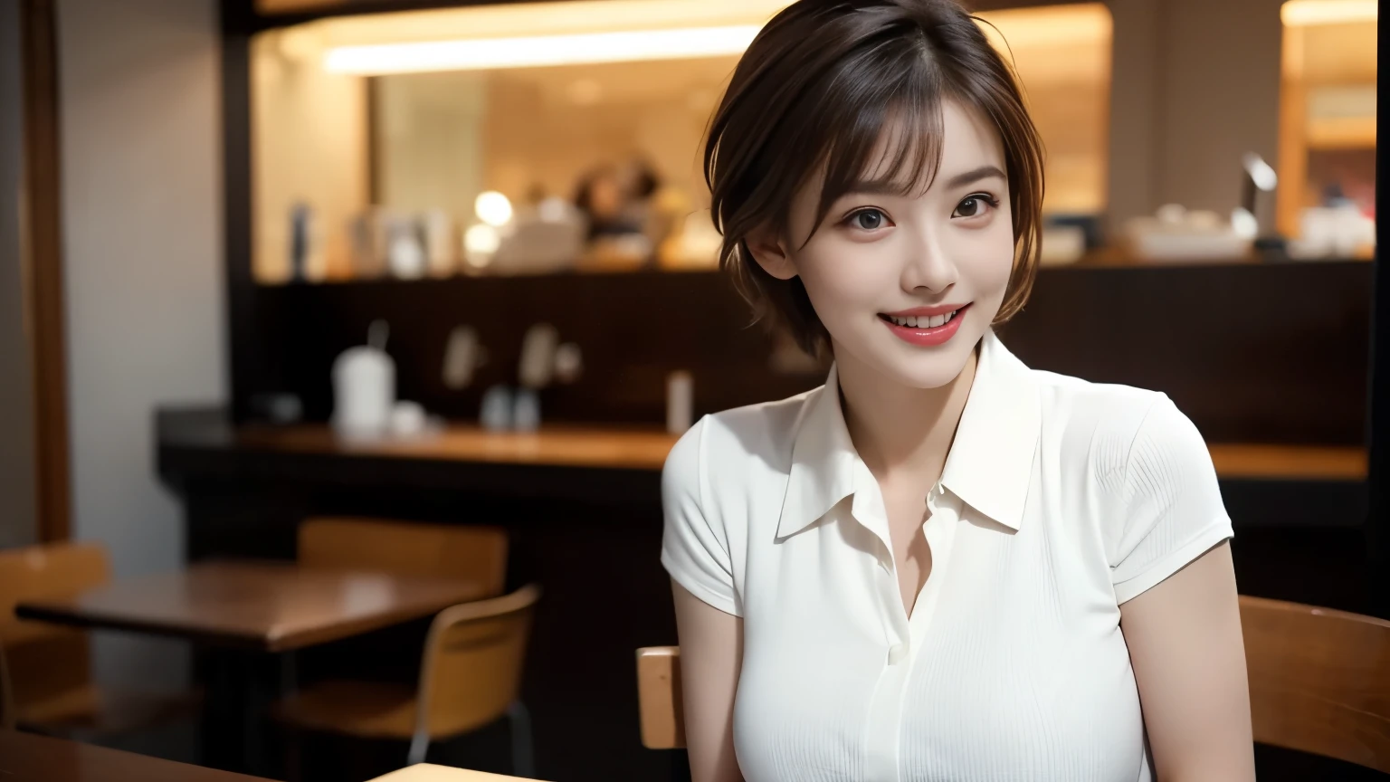 (RAW Photos, Highest quality), (Realistic, Photorealistic:1.3), Tabletop, Very delicate and beautiful, Very detailed, wonderful, Fine details, Light Smile, Highly detailed ticker unity 8k wallpaper, Huge file sizes, Very detailed, High resolution, Absurd, Soft Light, (((short hair:1.3), Short bangs, Floating Hair NovaFrogStyle)), ((The ultimate beautiful Japanese wife)), Detailed eyes, (Big eyes:1.4), Detailed lips, 非常にDetailed eyesと顔, Beautifully detailed nose, Beautiful attention to detail, Long eyelashes, Light on the face, (Lips apart:1.2), (Beautiful white teeth:1.3), Mature Face, (Photographed inside the cafe), Realistic face, Realistic body, Beautiful and exquisite thighs, (Cowboy Shot:1.3), Cross-strap clothing, Collared shirt, At the cafe, Detailed interior of the cafe, 