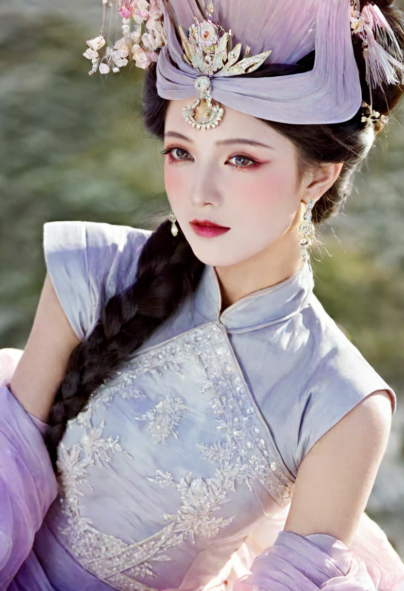 The Empress's big breasts, hairy body, and pubic hair are visible as she sits naked without underwear、 Her hair is tied up and pulled up with a gorgeous flower ornament on both sides.、The background of the crowning of the Qing Dynasty Empress is the stone paving of a Chinese palace during the Qing Dynasty.